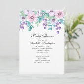 Invitation Aquarelle baby shower fleuri violet et rose (Debout devant)