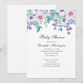 Invitation Aquarelle baby shower fleuri violet et rose (Devant / Derrière)