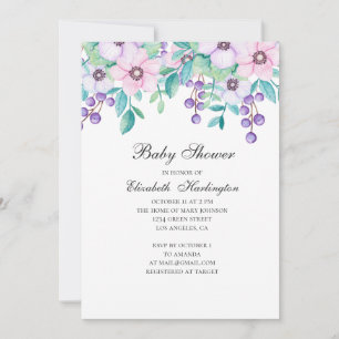 Invitation Aquarelle baby shower fleuri violet et rose