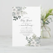 Invitation Aquarelle Baby shower floral argent Sage (Debout devant)