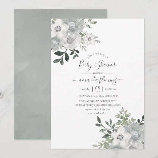 Invitation Aquarelle Baby shower floral argent Sage (Devant / Derrière)