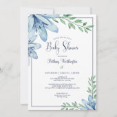 Invitation Aquarelle Baby shower Floral bleu (Devant)