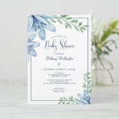 Invitation Aquarelle Baby shower Floral bleu (Debout devant)