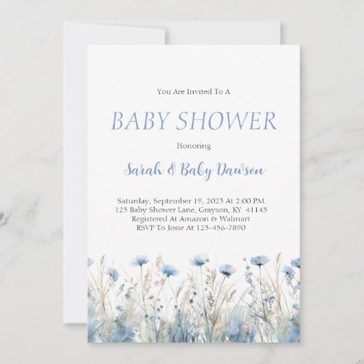 Invitation Aquarelle Baby shower floral bleu foncé (Devant)