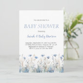 Invitation Aquarelle Baby shower floral bleu foncé (Debout devant)