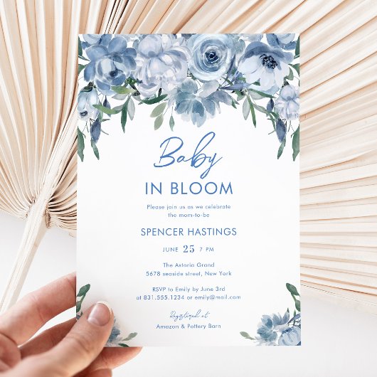 Invitation Aquarelle Baby shower floral bleu foncé