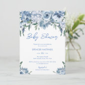 Invitation Aquarelle Baby shower floral bleu foncé (Debout devant)