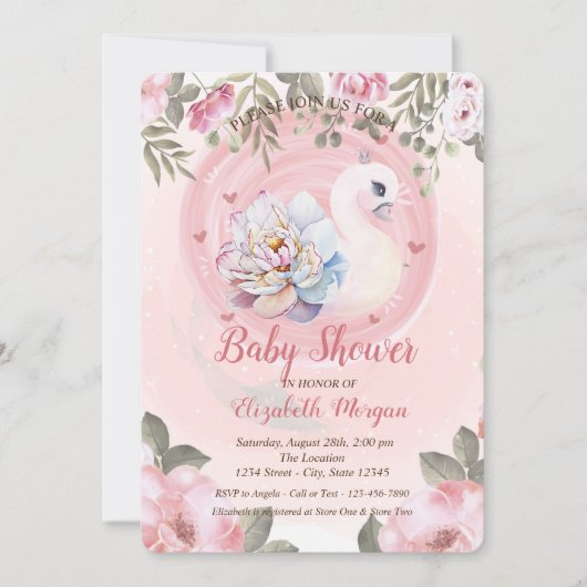 Invitation Aquarelle Baby shower floral de cygne bébé (Devant)