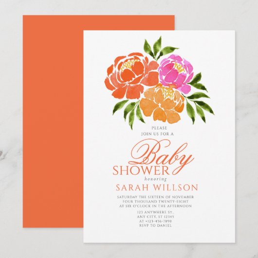 Invitation Aquarelle Baby shower Floral rose chaud (Devant / Derrière)