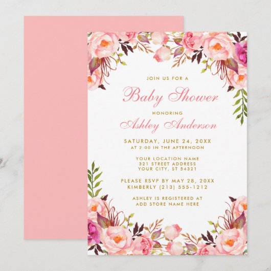 Invitation Aquarelle Baby shower Floral rose et or (Devant / Derrière)