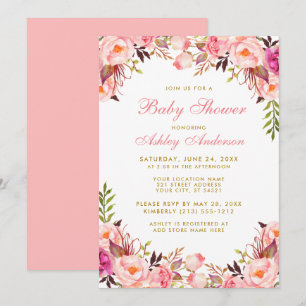 Invitation Aquarelle Baby shower Floral rose et or