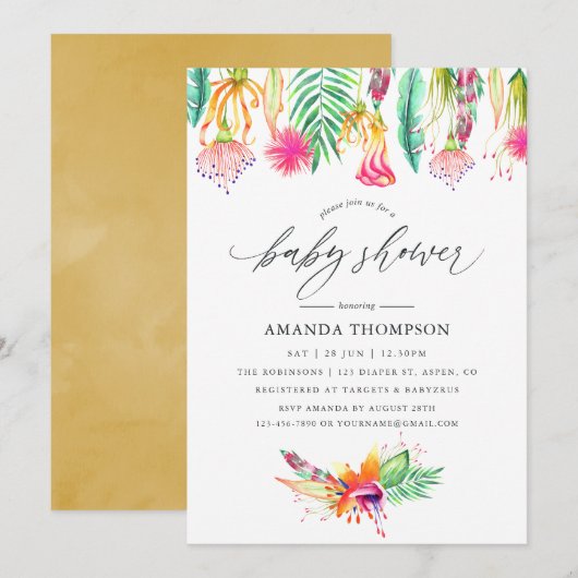 Invitation Aquarelle Baby shower floral tropical (Devant / Derrière)