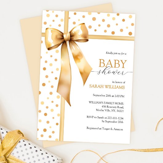 Invitation Aquarelle Baby shower Gold Bow