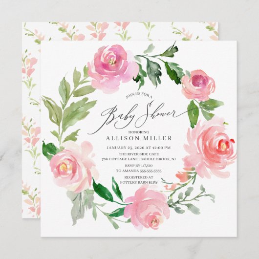 Invitation Aquarelle Baby shower rose (Devant / Derrière)
