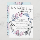 Invitation Aquarelle Baby shower rose et bleu Fleurs (Devant / Derrière)