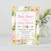 Invitation Aquarelle Baby shower rose et jaune Fleurs (Debout devant)
