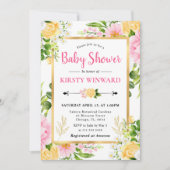 Invitation Aquarelle Baby shower rose et jaune Fleurs (Devant)