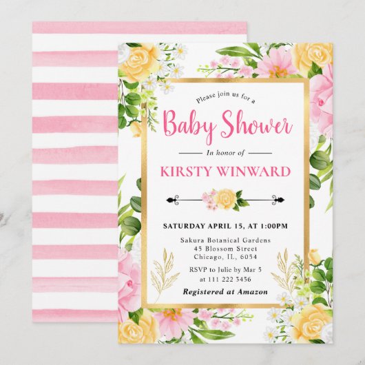 Invitation Aquarelle Baby shower rose et jaune Fleurs (Devant / Derrière)
