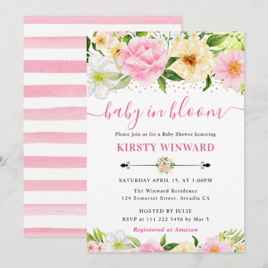 Invitation Aquarelle Baby shower rose et jaune Fleurs (Devant / Derrière)