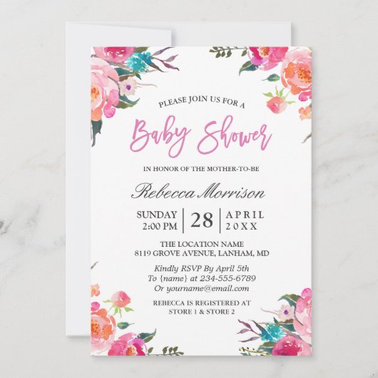 Invitation Aquarelle Baby shower végétal floral (Devant)