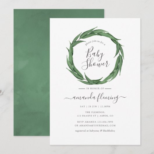 Invitation Aquarelle Baby shower verdoyant (Devant / Derrière)