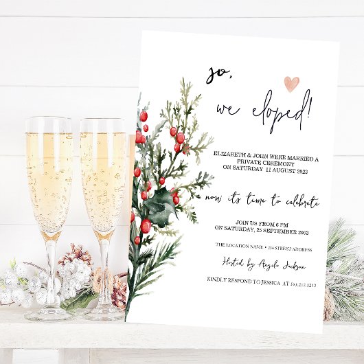 Invitation Aquarelle Baie de houx verdureMariage en fuite  