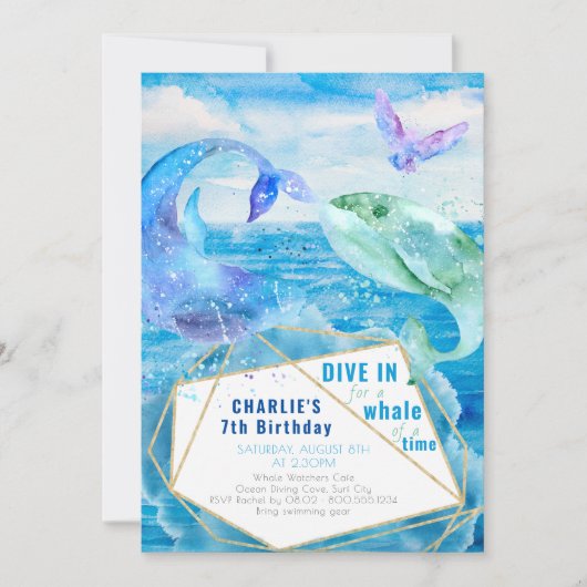 Invitation Aquarelle Baleine d'Océan N'importe quel âge Anniv (Devant)
