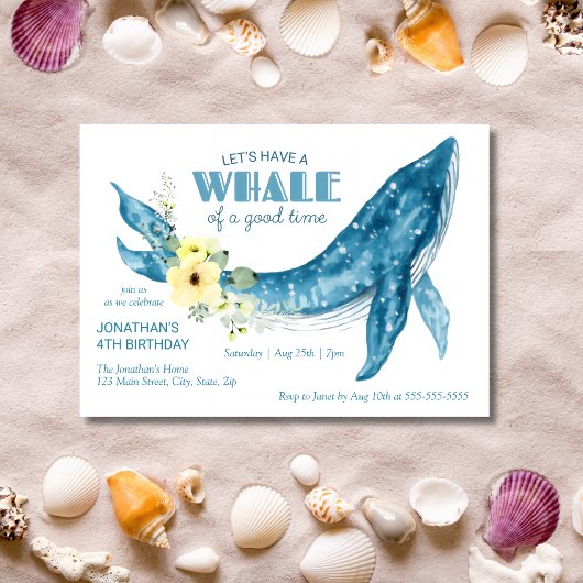 Invitation Aquarelle Baleine Jaune Fleur fête d'anniversaire