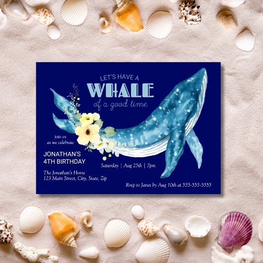 Invitation Aquarelle Baleine Jaune Florale Marine fête d'anni