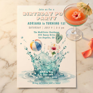 Invitation Aquarelle Balle de plage éclaboussure bleu aqua Fê
