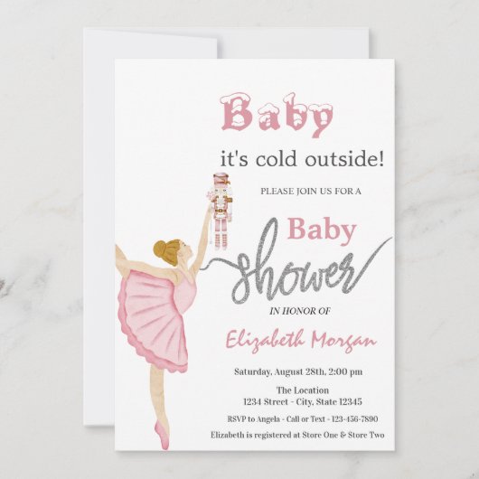 Invitation Aquarelle Ballerina Nutcracker Baby shower rose (Devant)