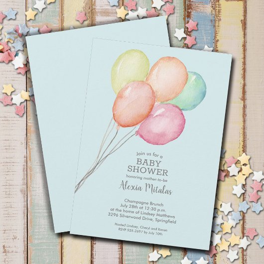Invitation Aquarelle Ballons Baby shower bleu