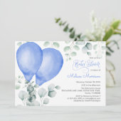 Invitation Aquarelle Ballons bleu Cute En vichy Baby shower (Debout devant)