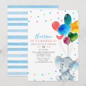 Invitation Aquarelle Ballons Bleu Eléphant 1er anniversaire (Devant / Derrière)