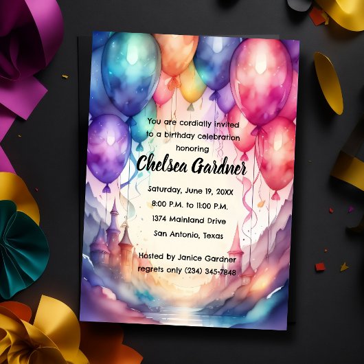 Invitation Aquarelle Ballons d'anniversaire Château coloré