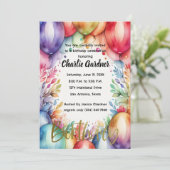 Invitation Aquarelle Ballons d'anniversaire coloré (Debout devant)