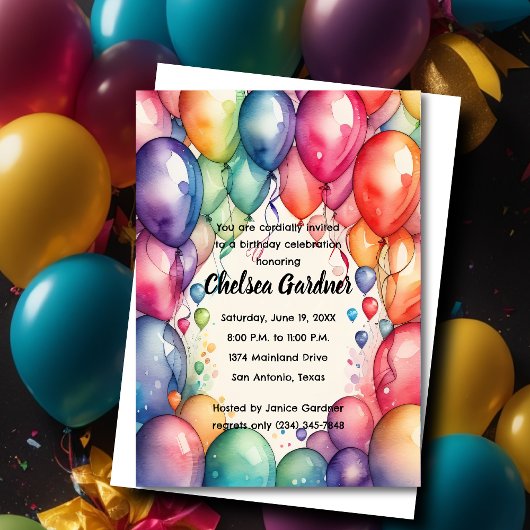 Invitation Aquarelle Ballons d'anniversaire coloré