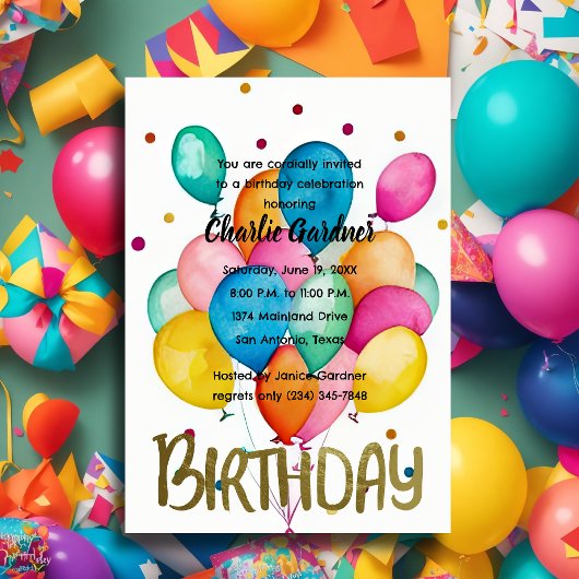 Invitation Aquarelle Ballons d'anniversaire coloré