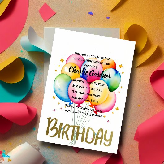 Invitation Aquarelle Ballons d'anniversaire coloré