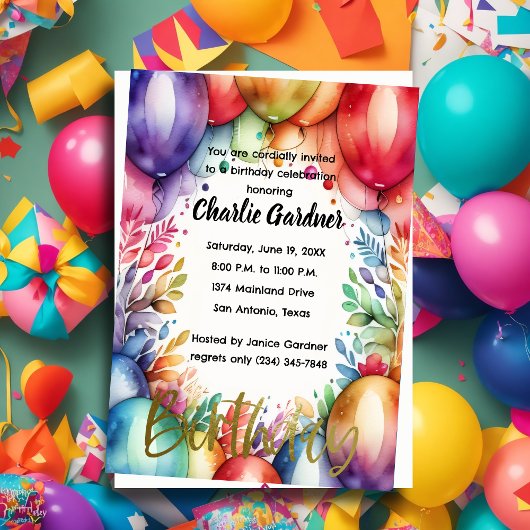 Invitation Aquarelle Ballons d'anniversaire coloré