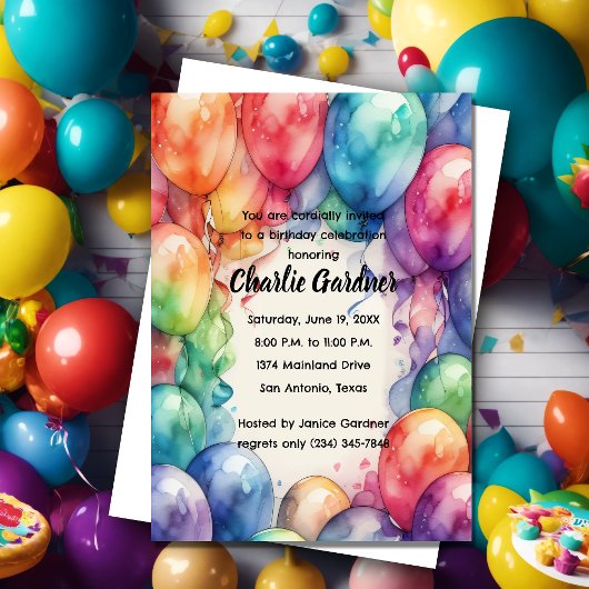 Invitation Aquarelle Ballons d'anniversaire coloré