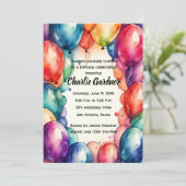 Invitation Aquarelle Ballons d'anniversaire coloré (Debout devant)