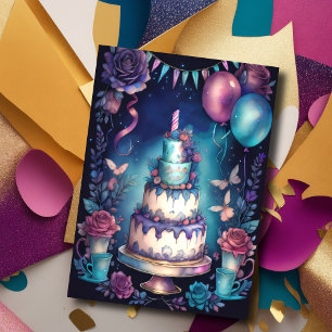 Invitation Aquarelle Ballons d'anniversaire gâteau Marine Ble