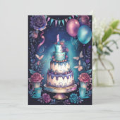 Invitation Aquarelle Ballons d'anniversaire gâteau Marine Ble (Debout devant)