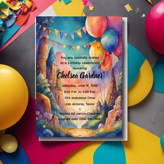 Invitation Aquarelle Ballons d'anniversaire Imaginaire Paysag