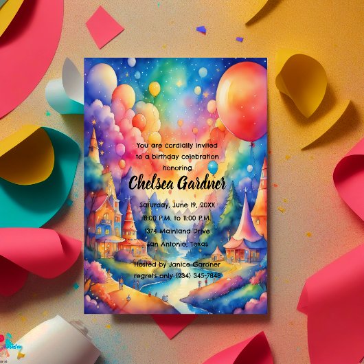 Invitation Aquarelle Ballons d'anniversaire Imaginaire Paysag