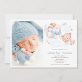 Invitation Aquarelle Ballons et Ours, Photo Boy Baptême (Devant)