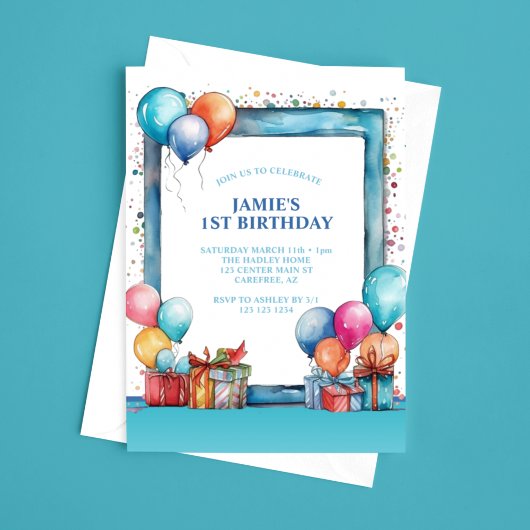 Invitation Aquarelle Ballons garçons 1er anniversaire