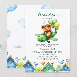 Invitation Aquarelle Ballons verts Avion 5e anniversaire
