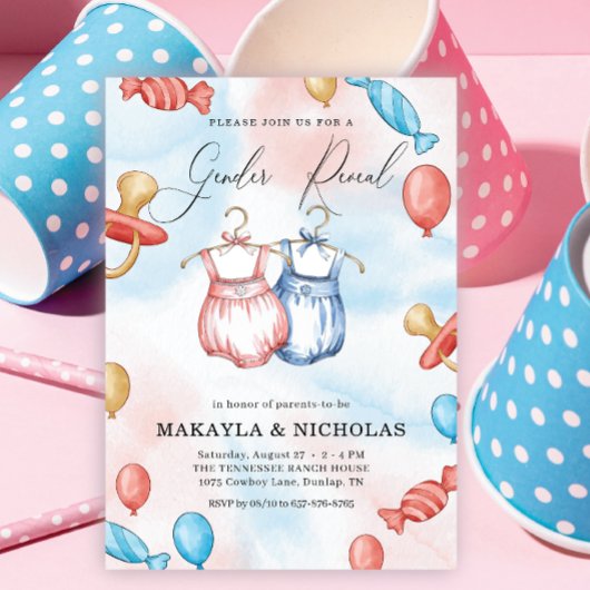 Invitation Aquarelle ballons Vêtements de bébé Révélation de 